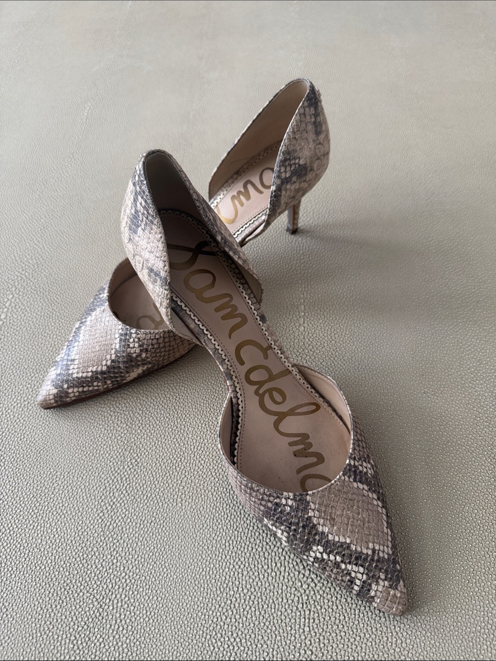 Sam Edelman Snake-Print Pointed D'Orsay Pumps in Taupe and Gray